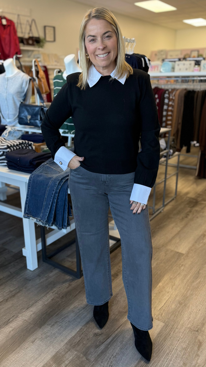 Black Sweater With Poplin Collar And Cuff Detail