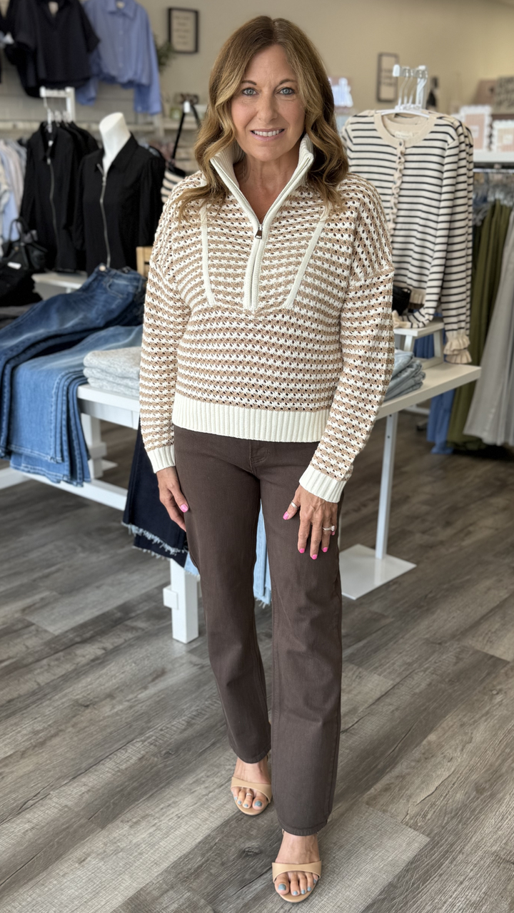 Natural Open Knit Quarter Zip Sweater