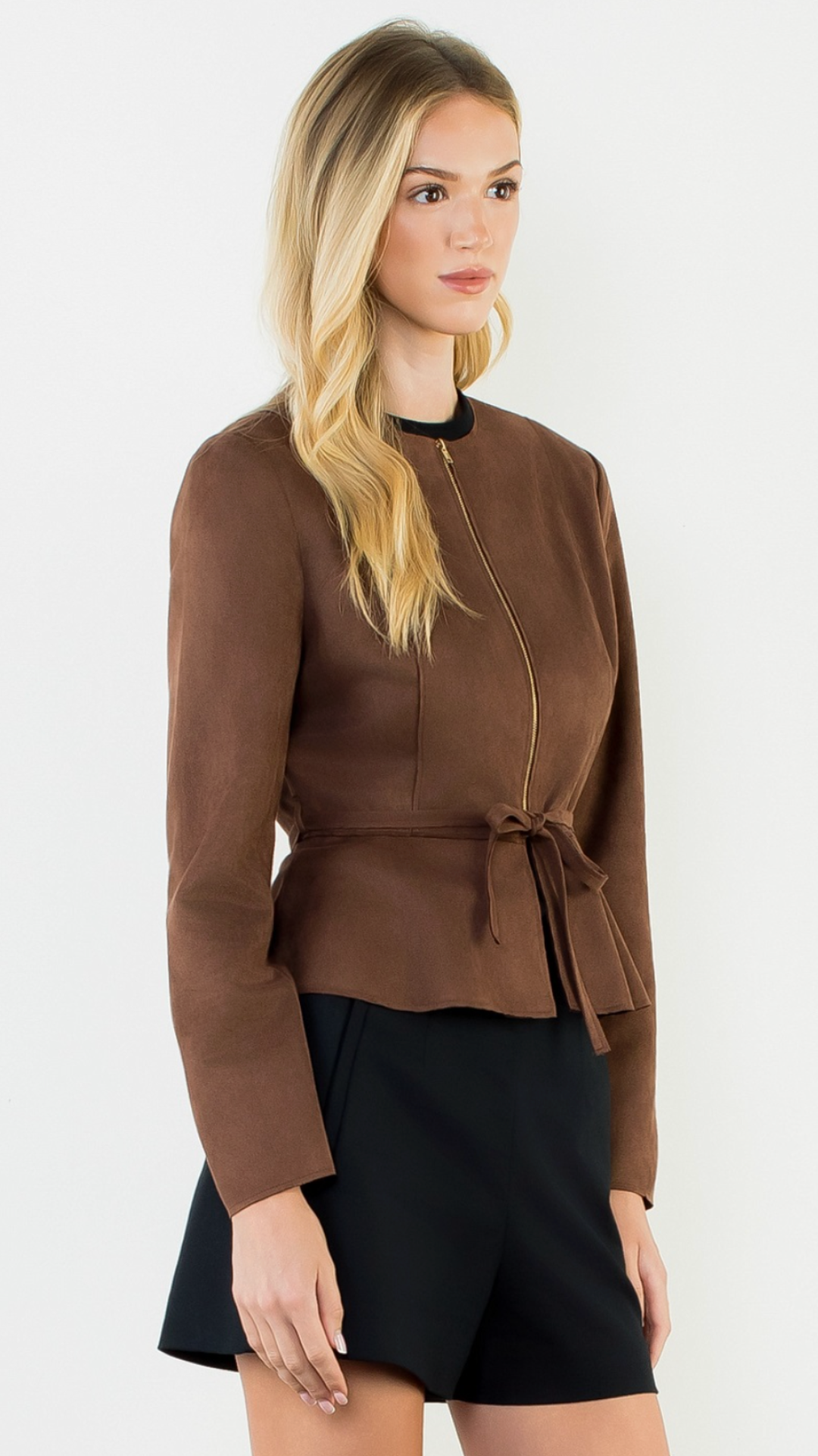 Brown Suede Zipper Jacket With Tie Waist