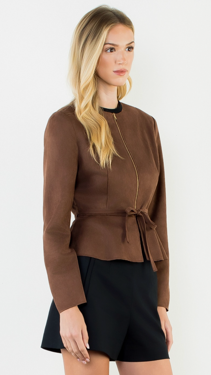 Brown Suede Zipper Jacket With Tie Waist