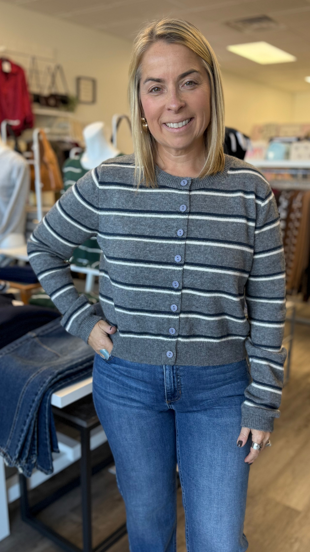 Grey Navy and Cream Stripe Knit Cardigan Sweater