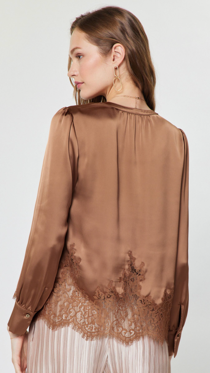 Mocha Mousse Long Sleeve Lace Trim Blouse