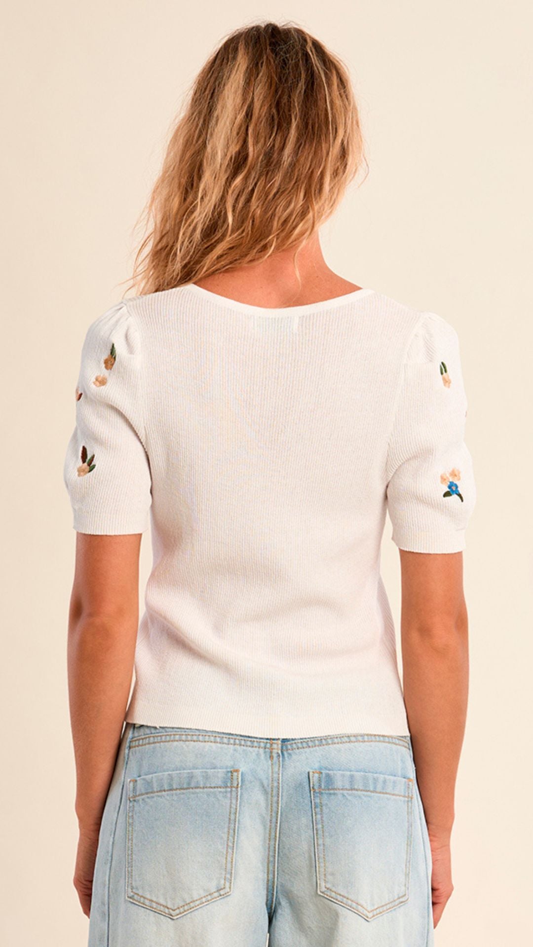 White Floral Embroidered Buttoned Pearl Top