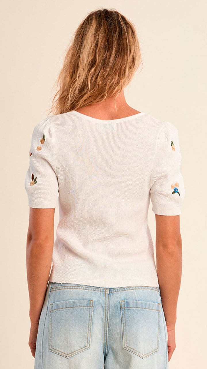 White Floral Embroidered Buttoned Pearl Top