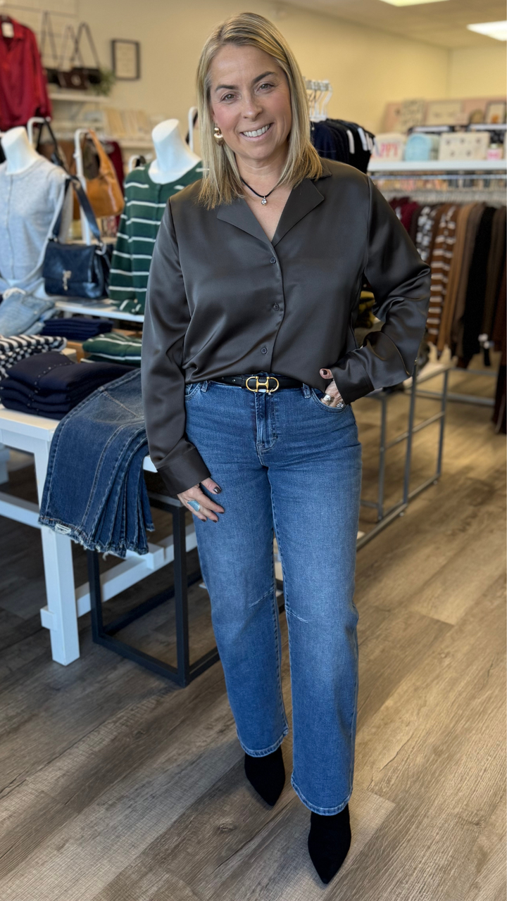 Bronze Olive Satin Long Sleeve Blouse