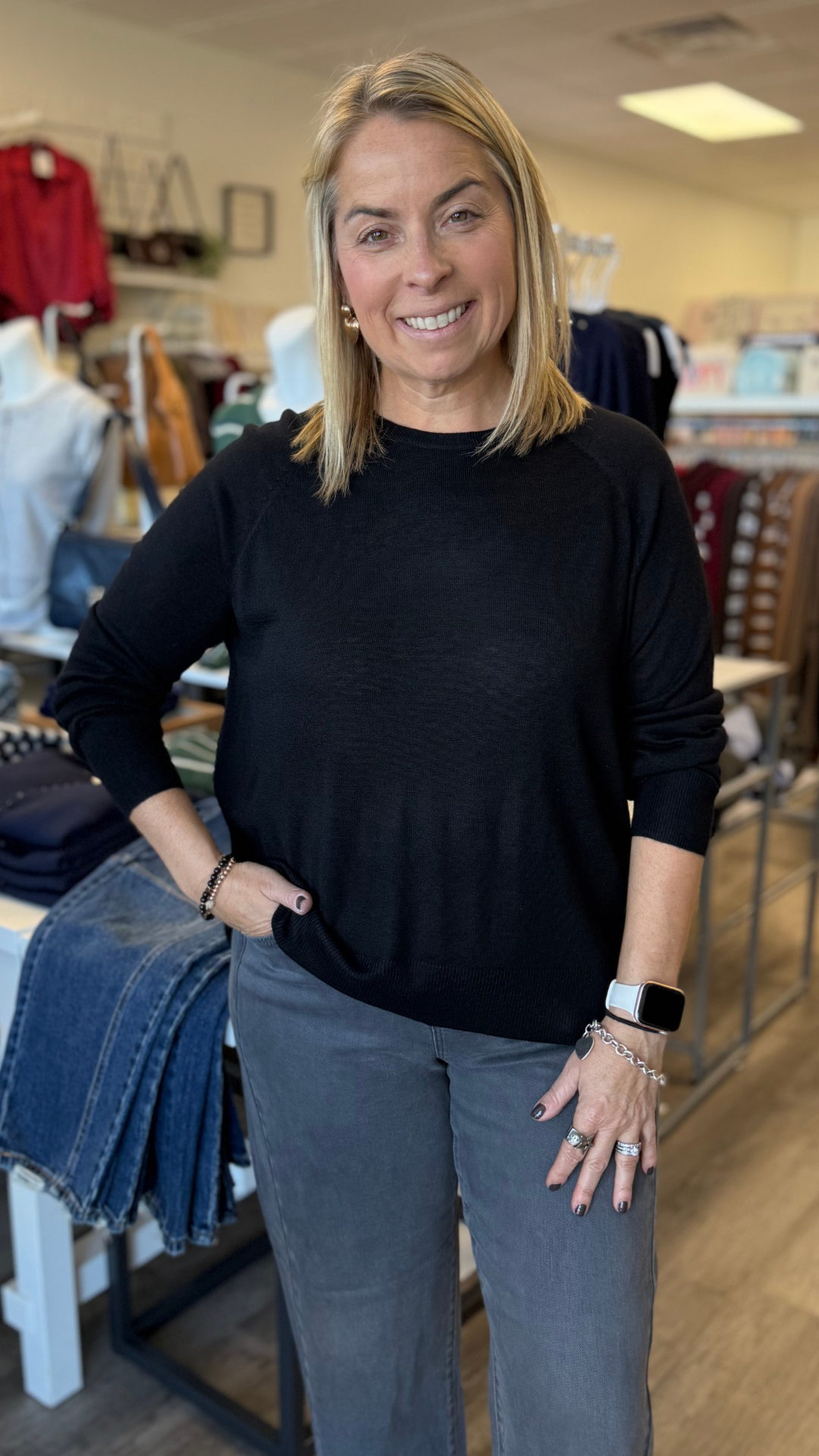 Black Ribbed Hem With Side Split Lightweight Sweater