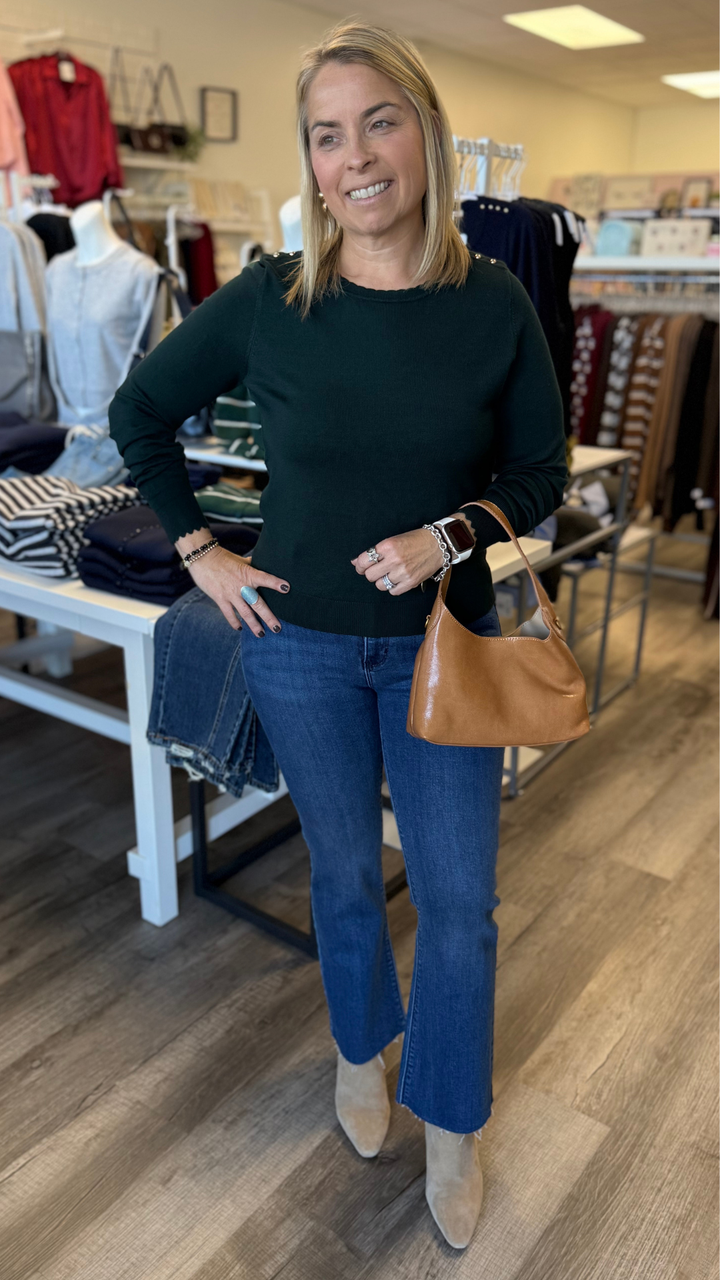 Emerald Scalloped Edge Top With Gold Button Shoulder Accent