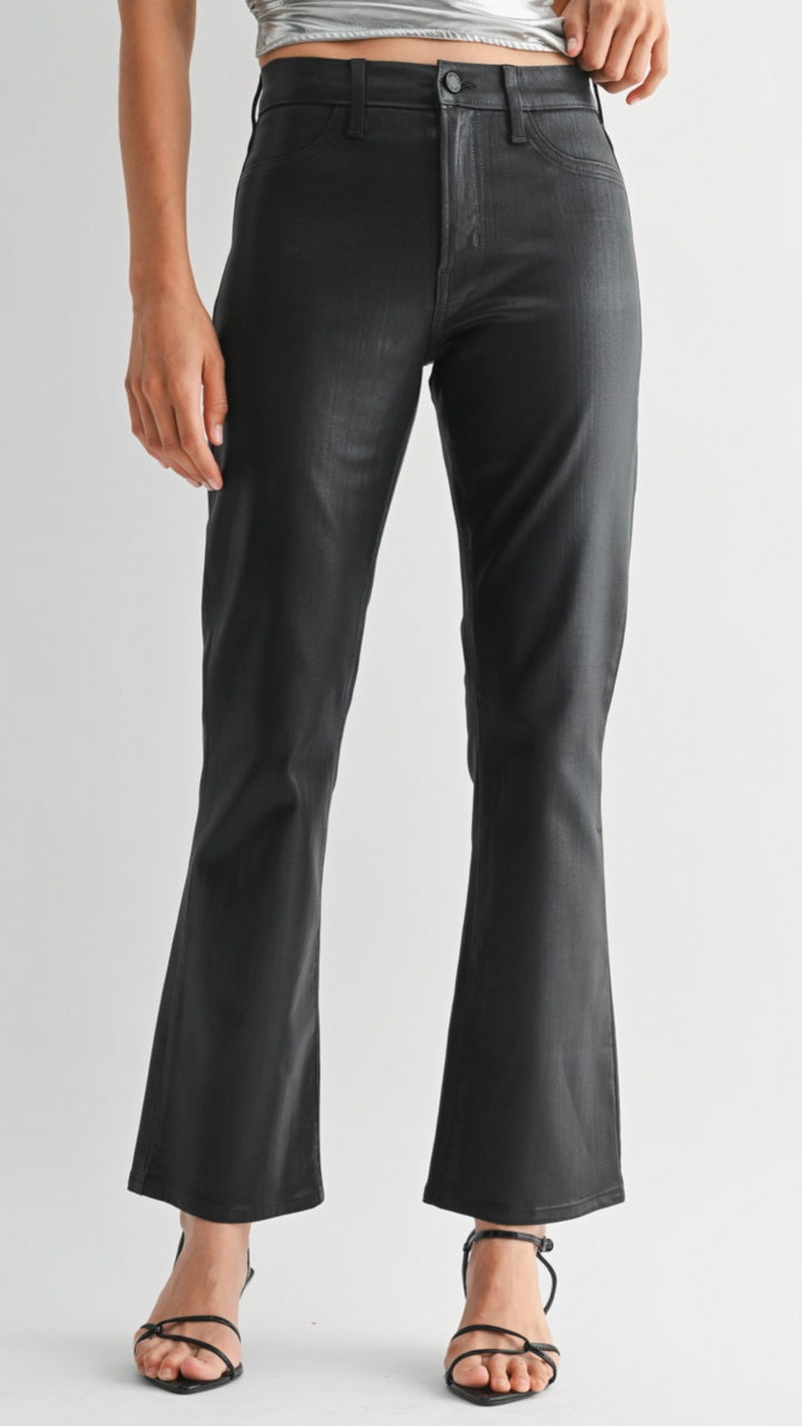Mid Rise Coated Black Slim Cropped Bootcut Jeans