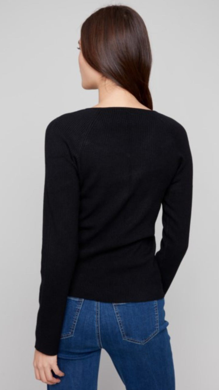 Black Ribbed V Neck Sweater With Heart Rivets