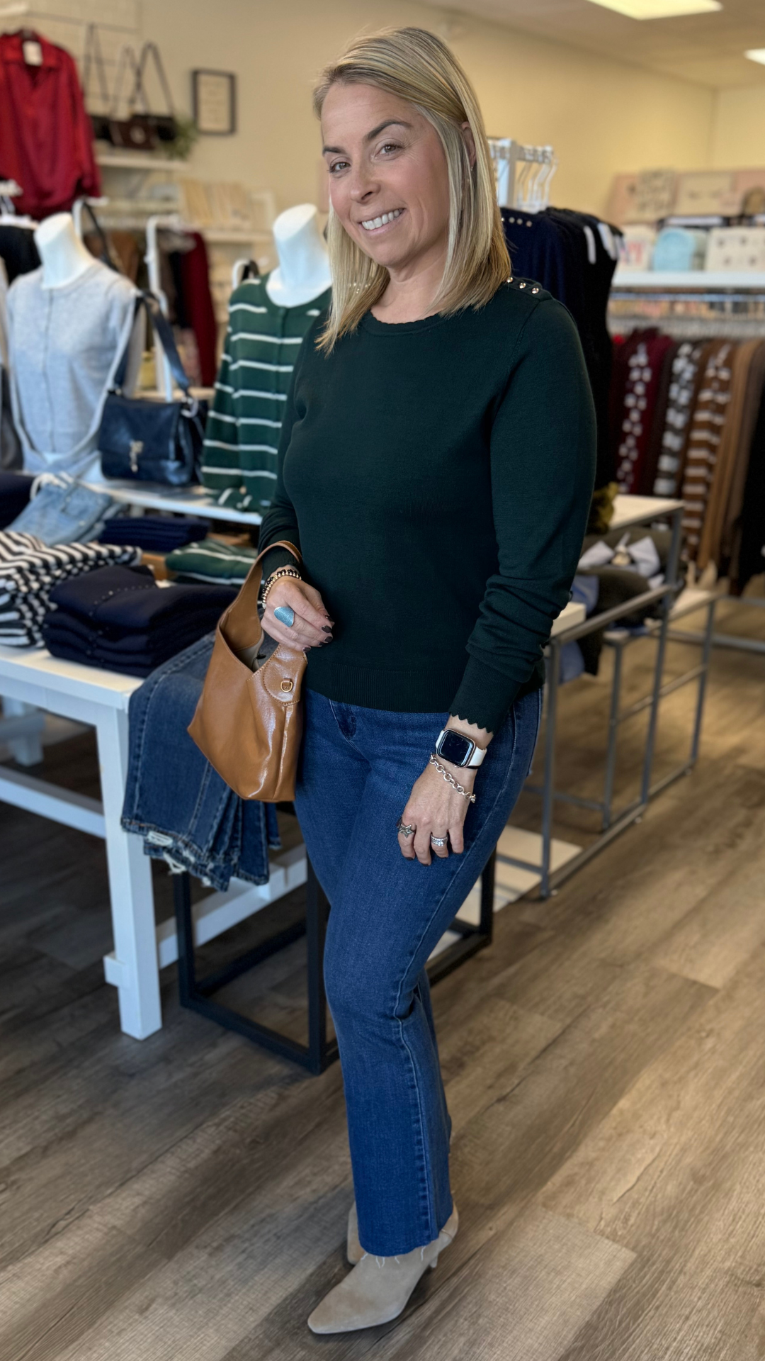 Emerald Scalloped Edge Top With Gold Button Shoulder Accent