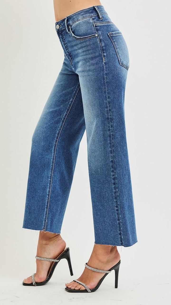 High Rise Tummy Control Medium Wash Crop Wide Creased Seam Jeans