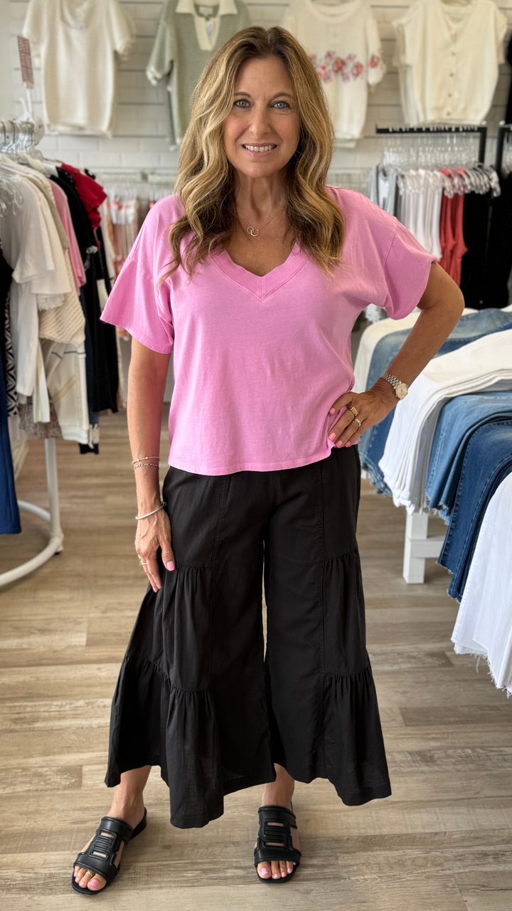 Black Linen Side Tier Wide Leg Palazzo Pants