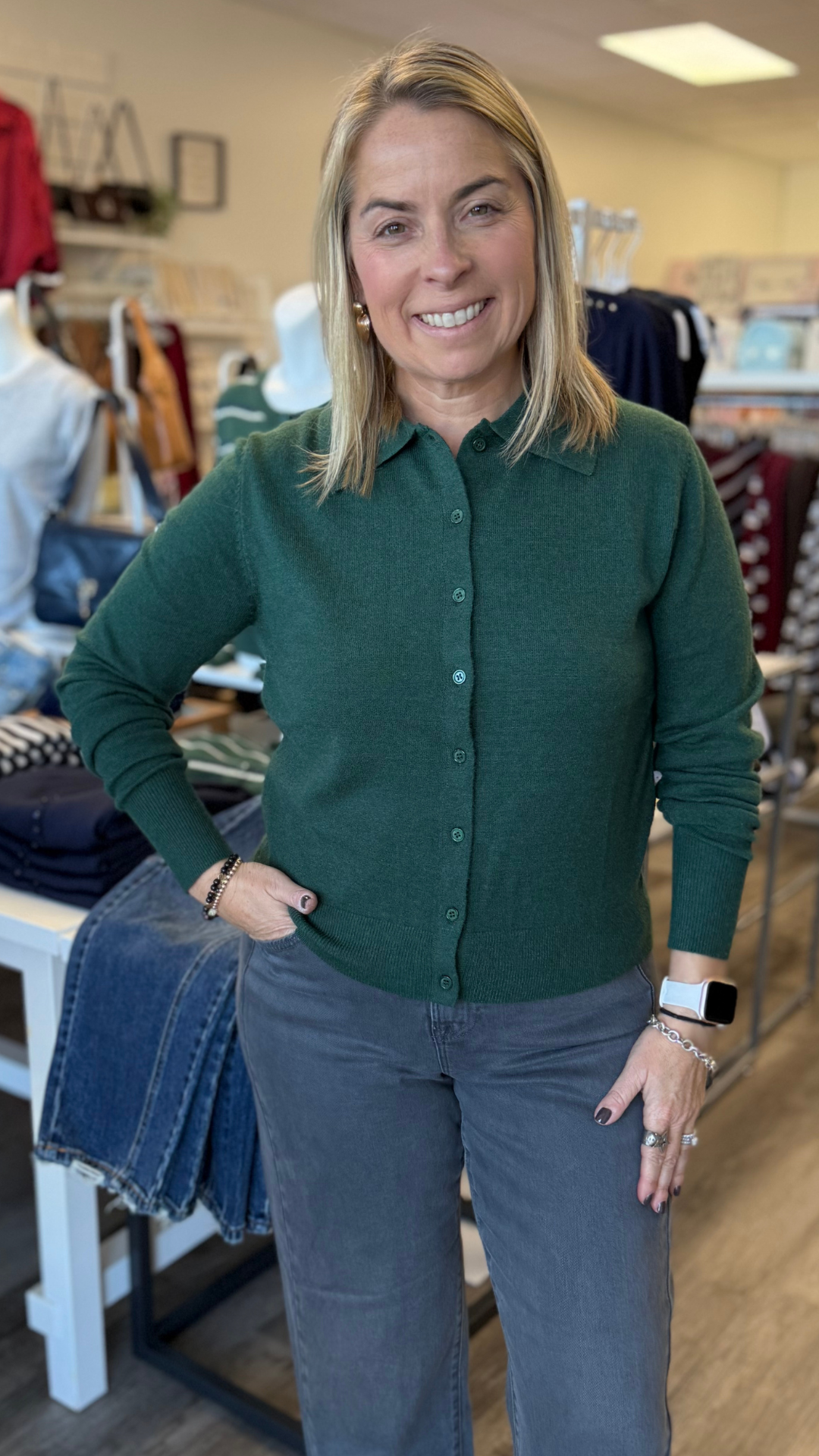 Forest Green Collared Knit Cardigan Sweater