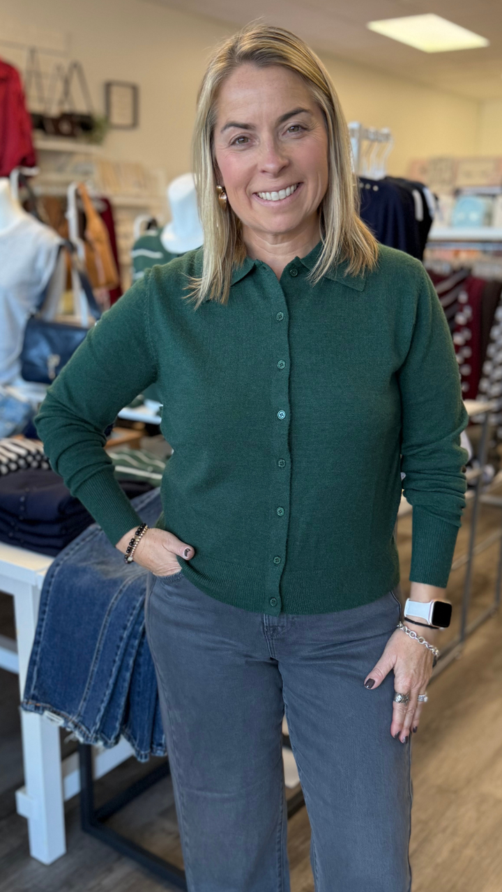 Forest Green Collared Knit Cardigan Sweater