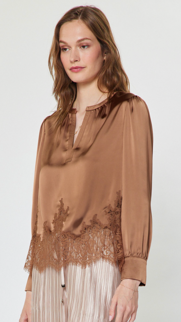 Mocha Mousse Long Sleeve Lace Trim Blouse
