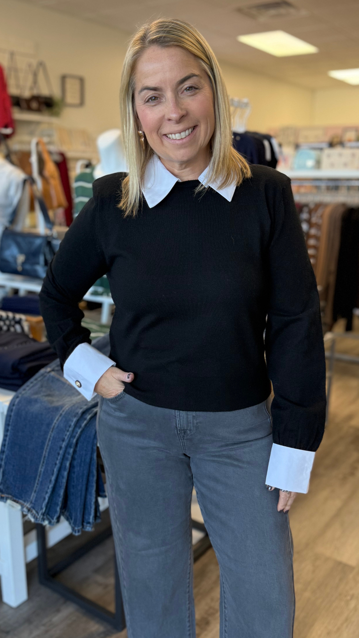 Black Sweater With Poplin Collar And Cuff Detail