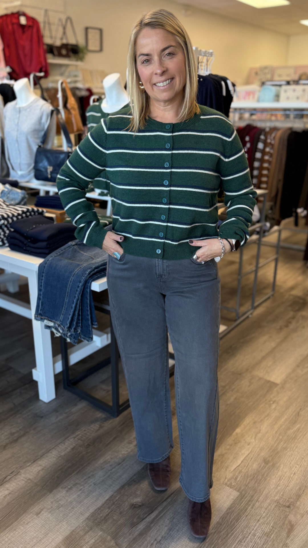 Green Blue And Cream Stripe Knit Cardigan Sweater