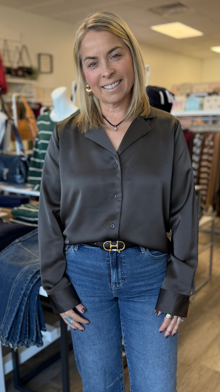 Bronze Olive Satin Long Sleeve Blouse