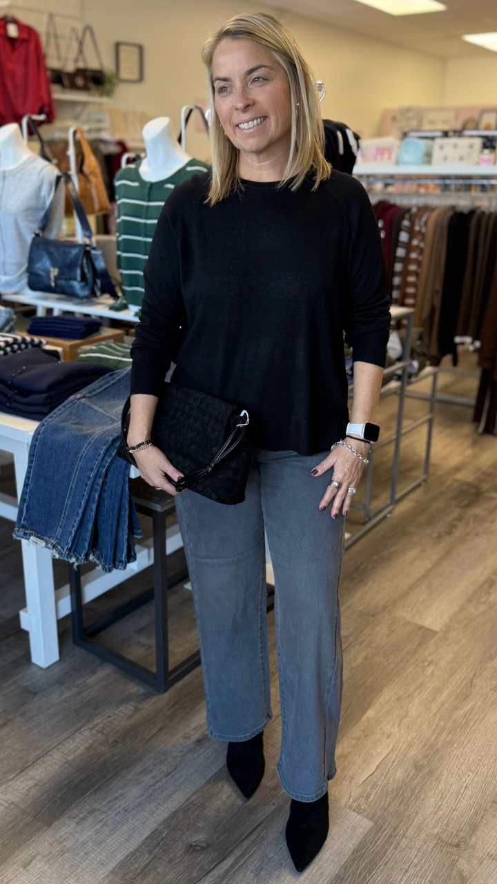 Black Ribbed Hem With Side Split Lightweight Sweater