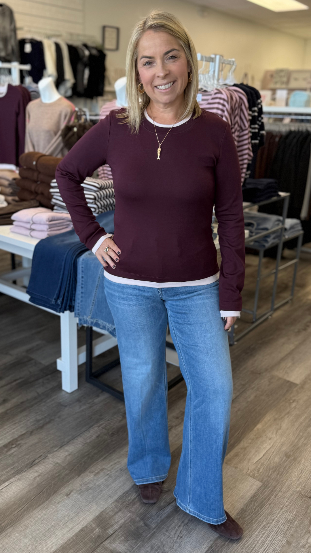 Burgundy And Pink Contrast Trim Long Sleeve Top