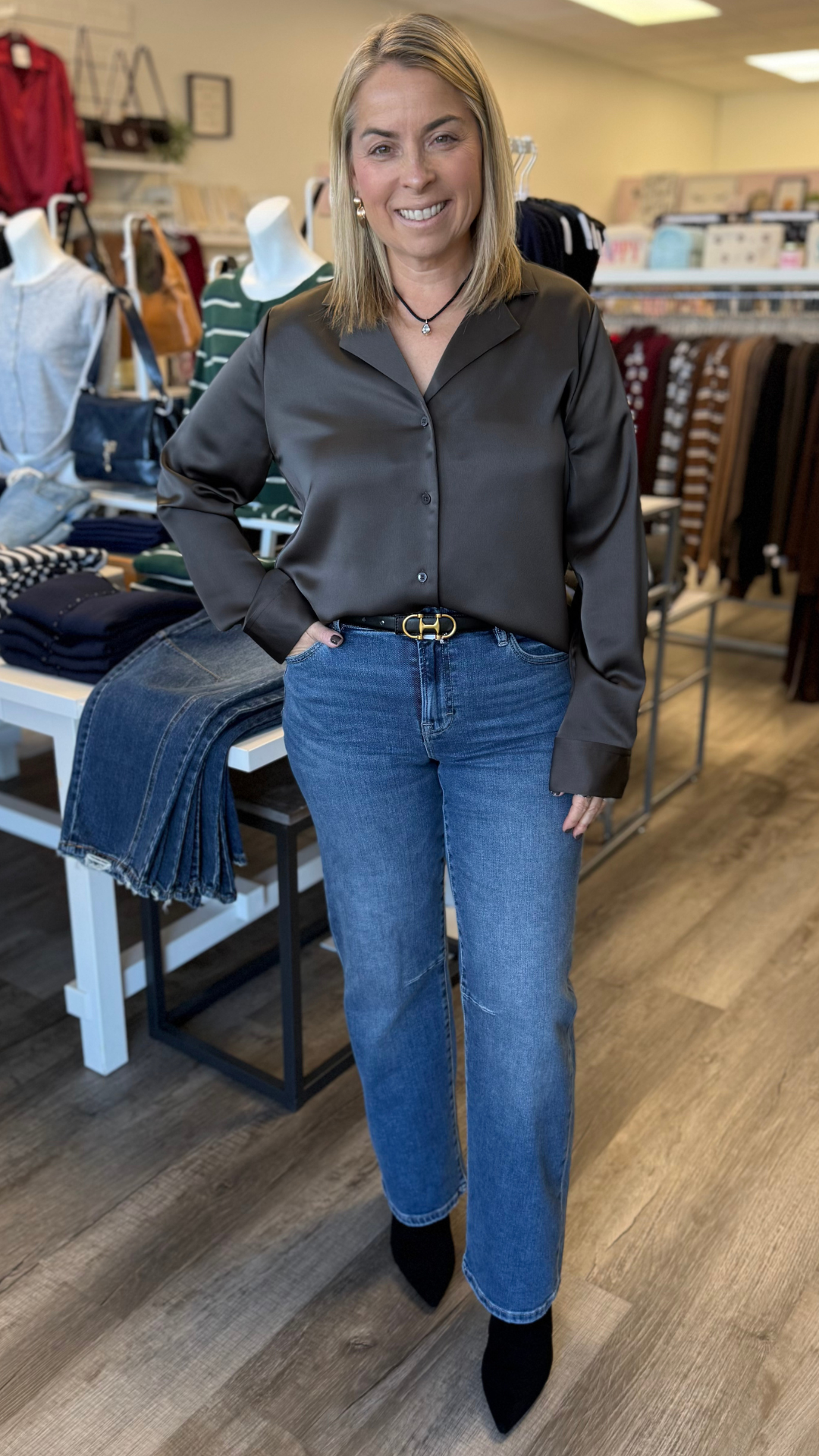 Bronze Olive Satin Long Sleeve Blouse