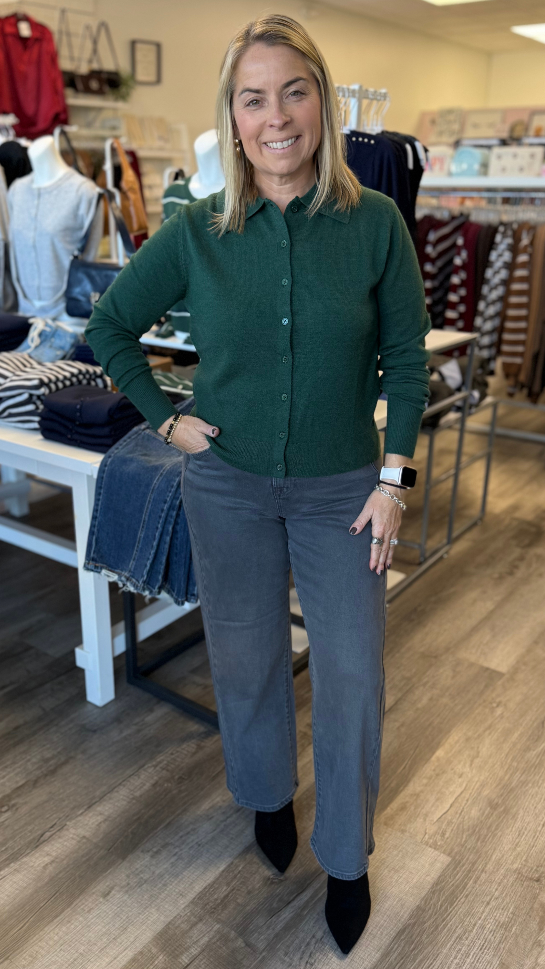 Forest Green Collared Knit Cardigan Sweater