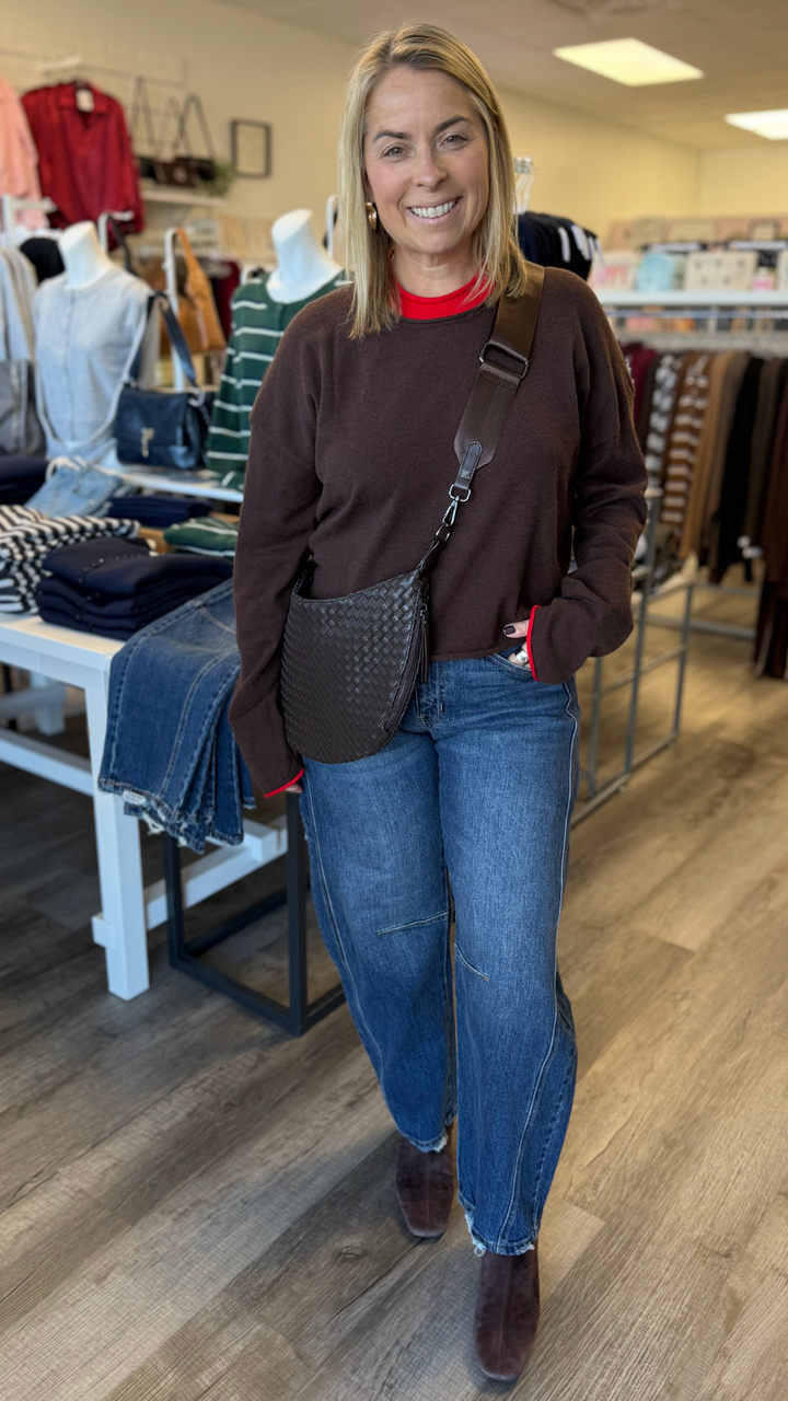 Coffee And Red Contrast Trim Knit Sweater