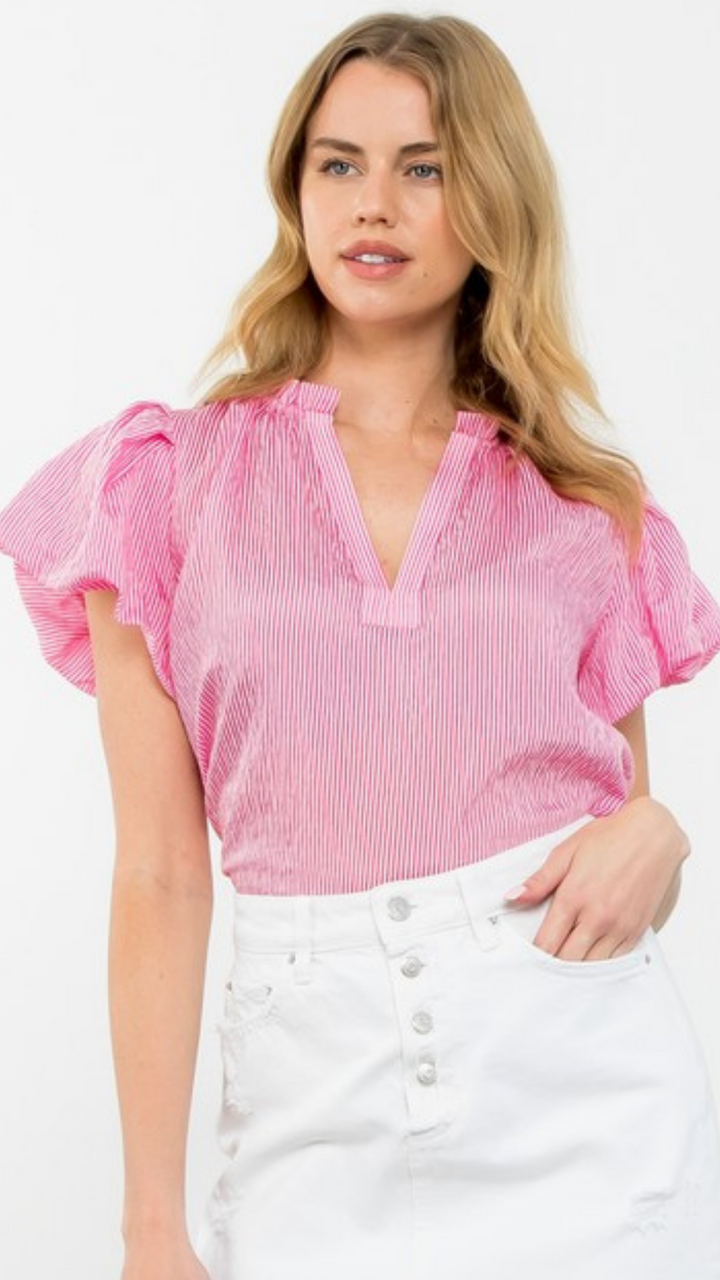 Pink Stripe Puff Sleeve Blouse