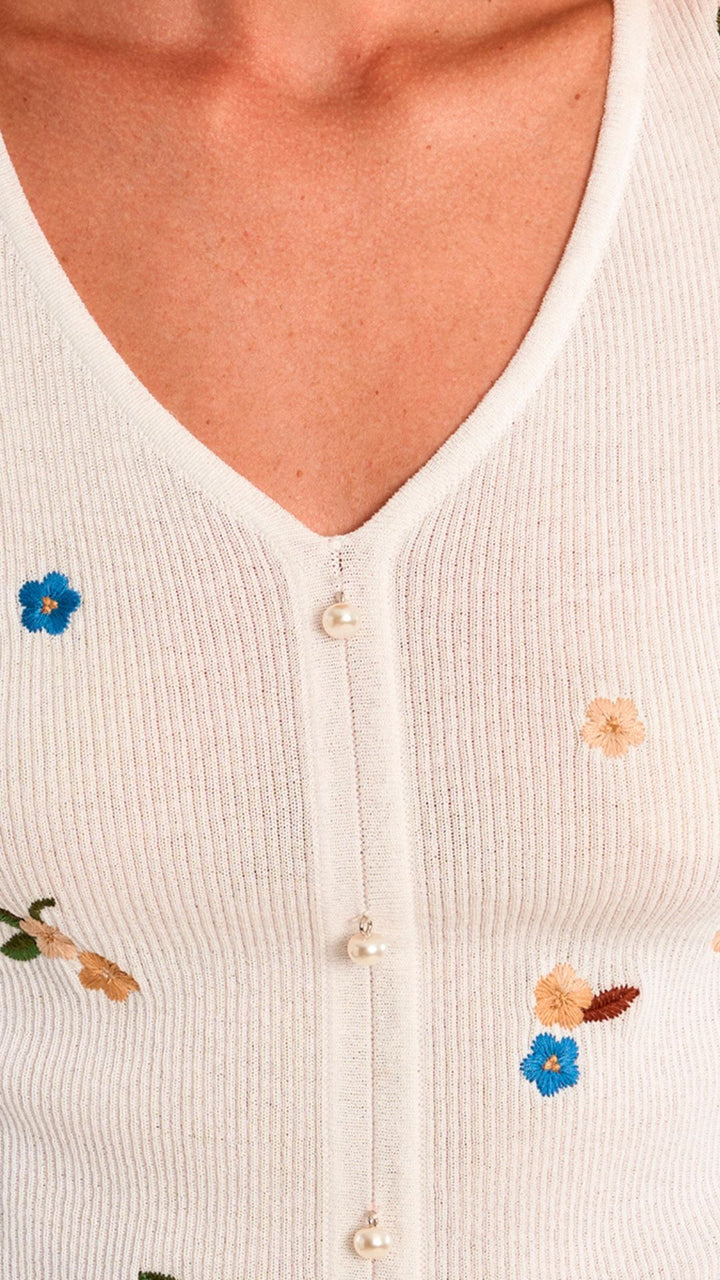 White Floral Embroidered Buttoned Pearl Top