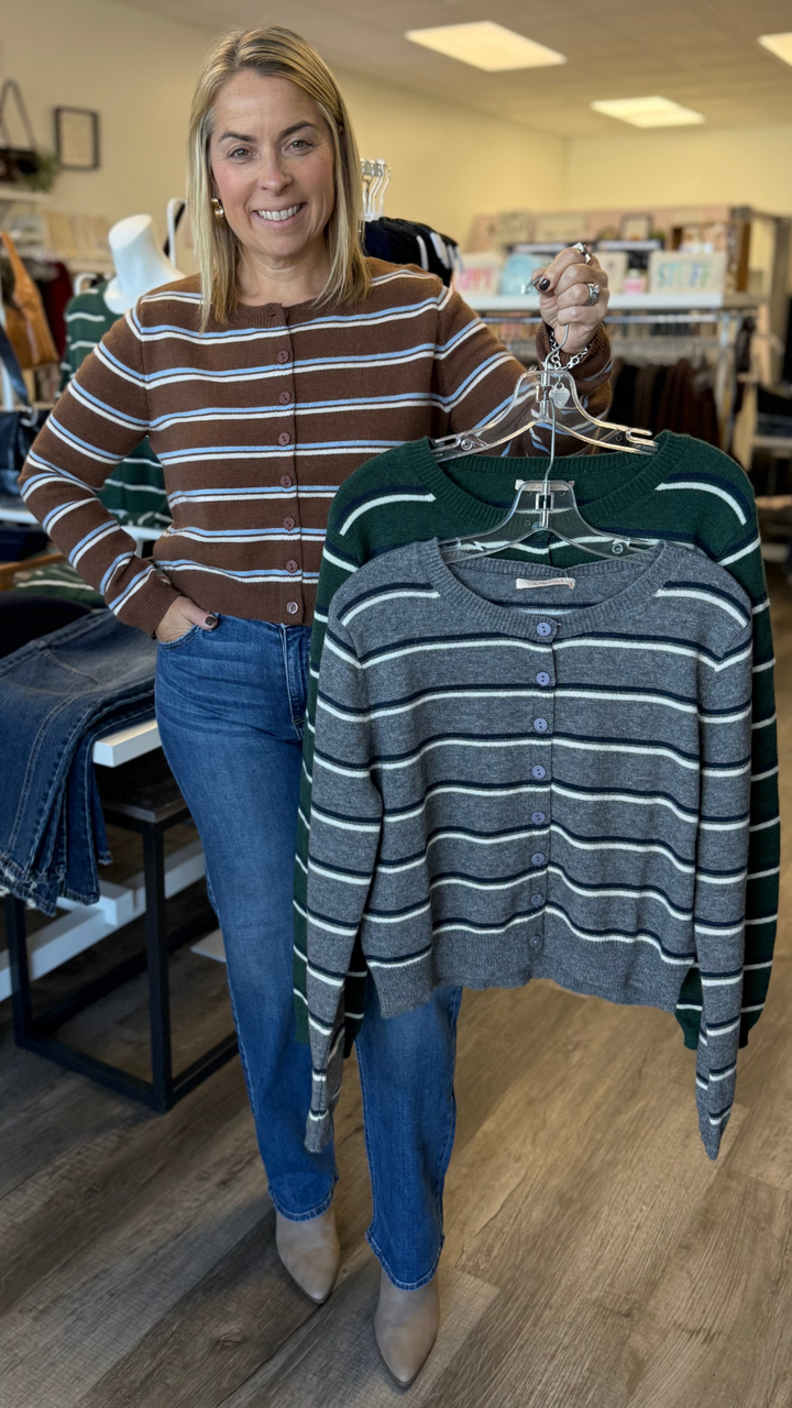 Grey Navy and Cream Stripe Knit Cardigan Sweater