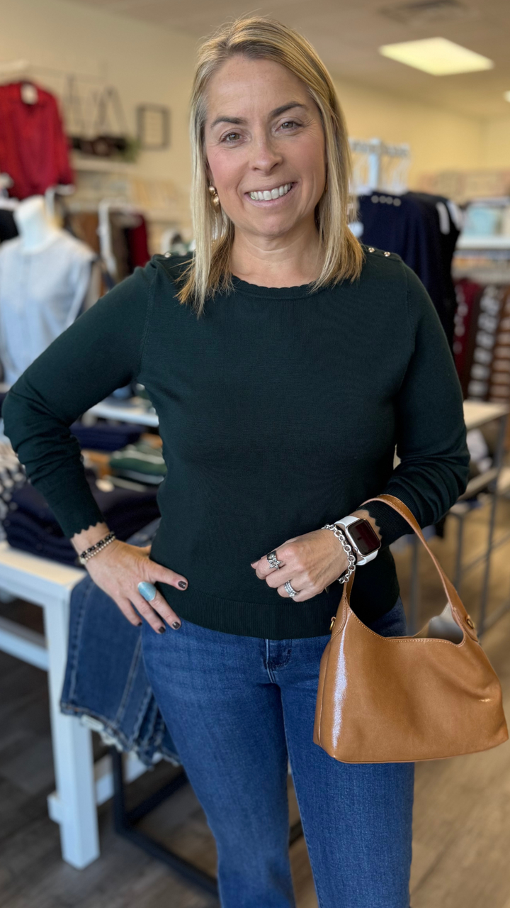 Emerald Scalloped Edge Top With Gold Button Shoulder Accent