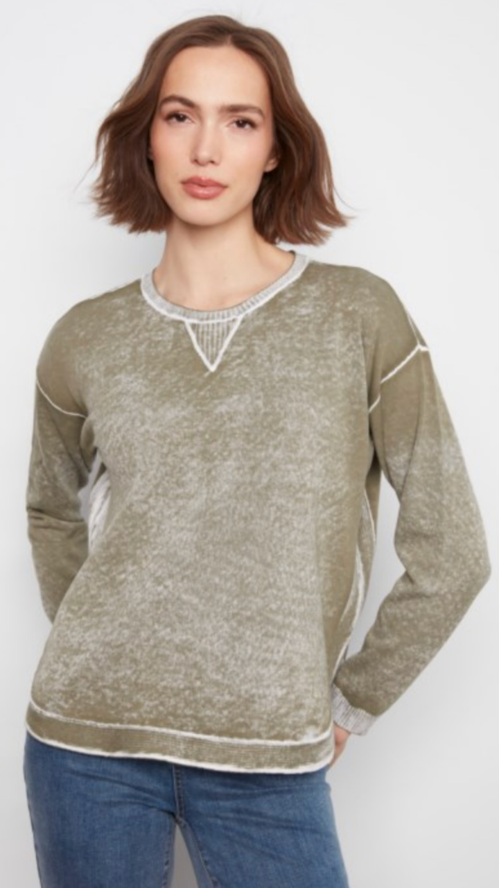 Olive Cotton Crew Neck Reverse Print Sweater