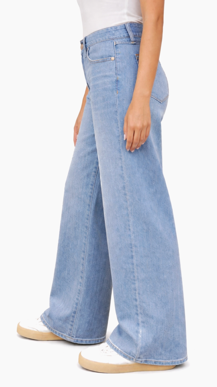 Mid Rise Light Wash Petite Silk Slim Wide Leg Jeans