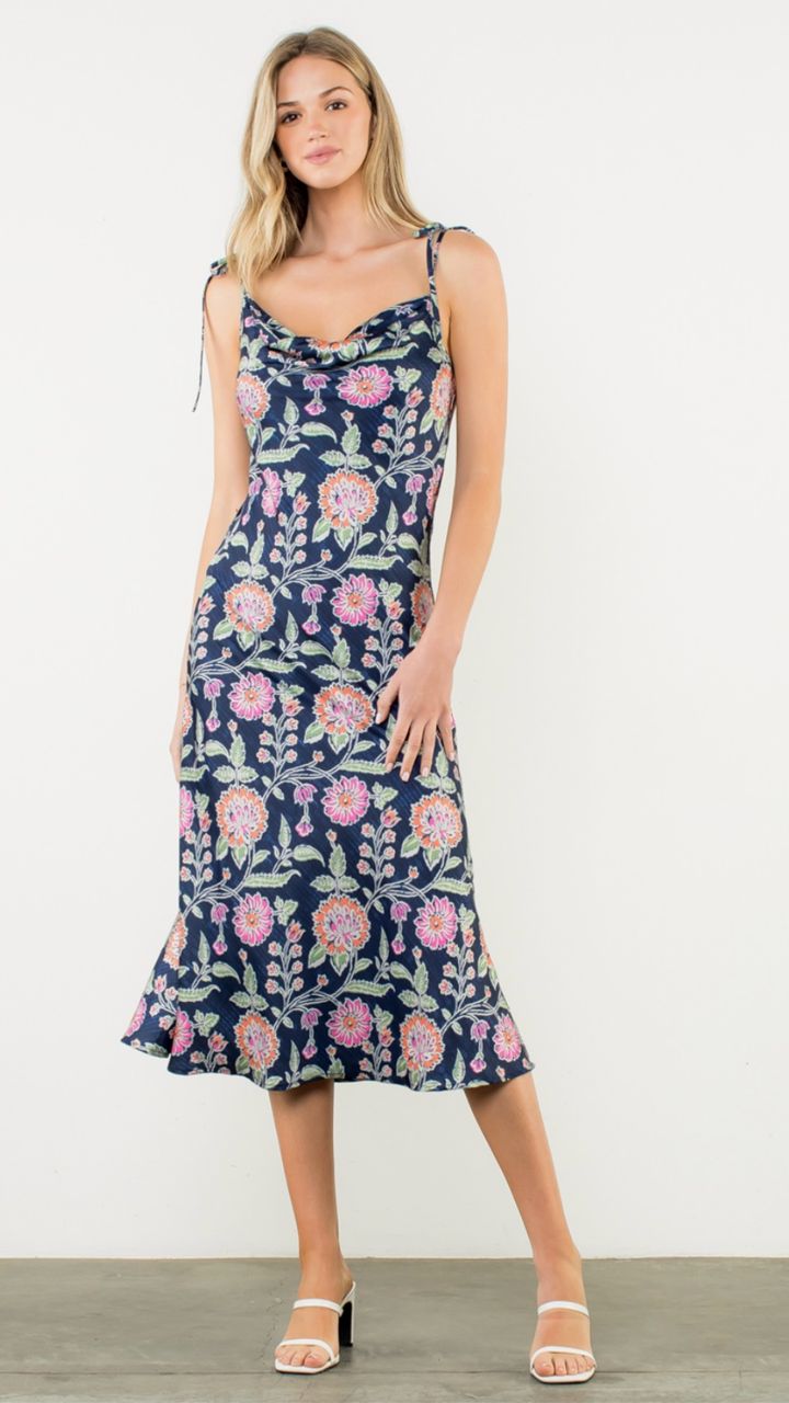 Tie Strap Cowl Neck Floral Midi Dress