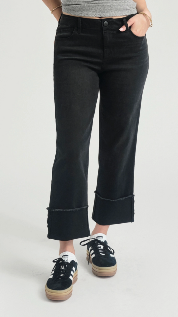 Mid Rise Black Cuffed Straight Leg Jeans