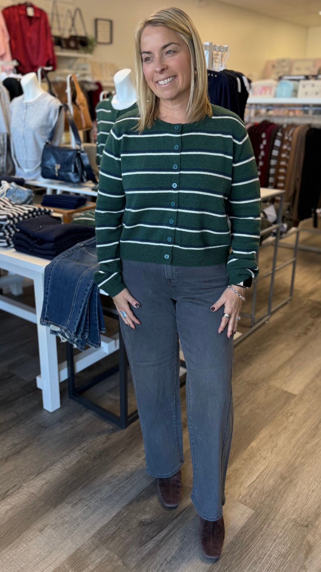 Green Blue And Cream Stripe Knit Cardigan Sweater