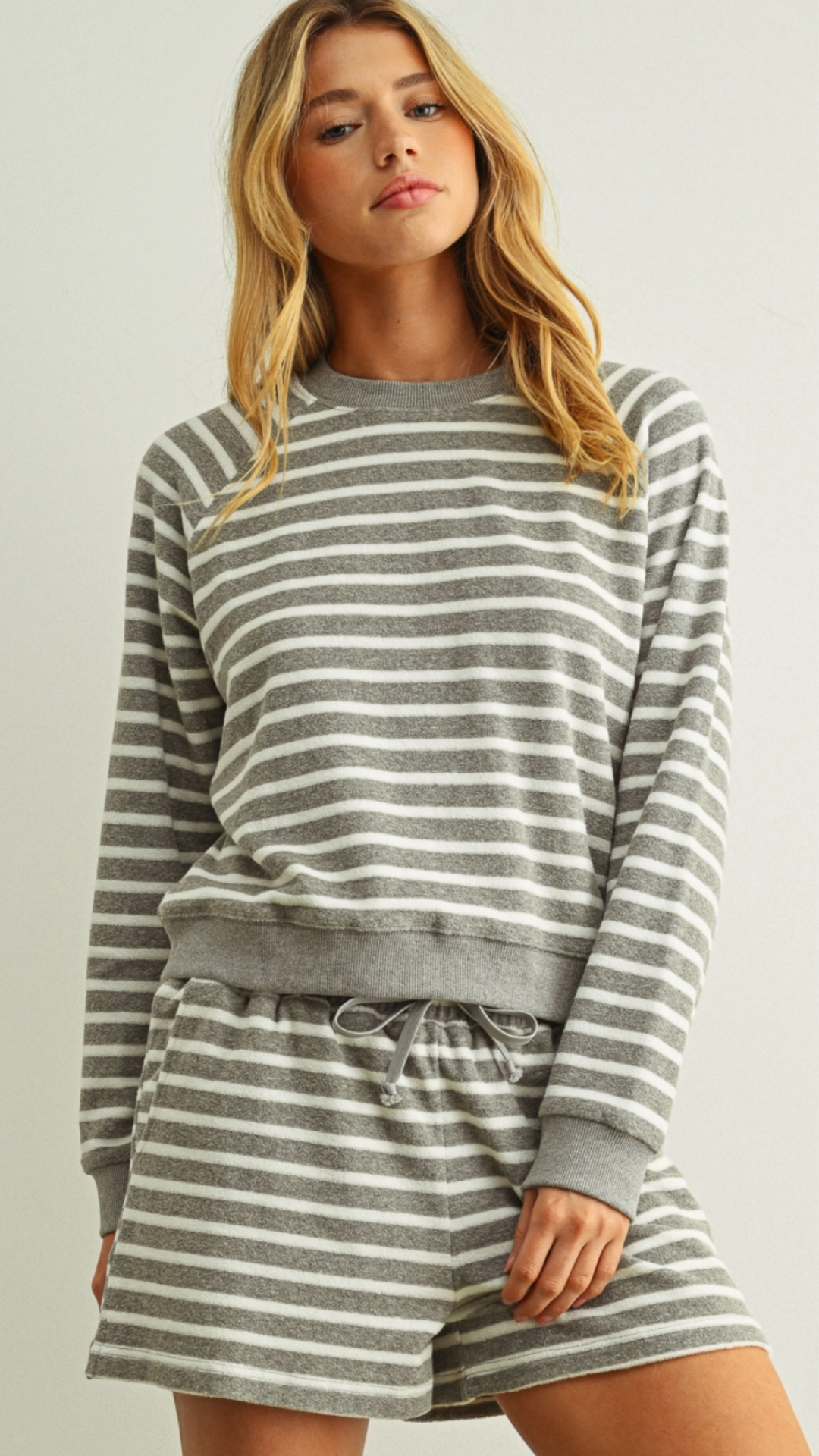 Grey And White Striped Terry Top And Shorts Set