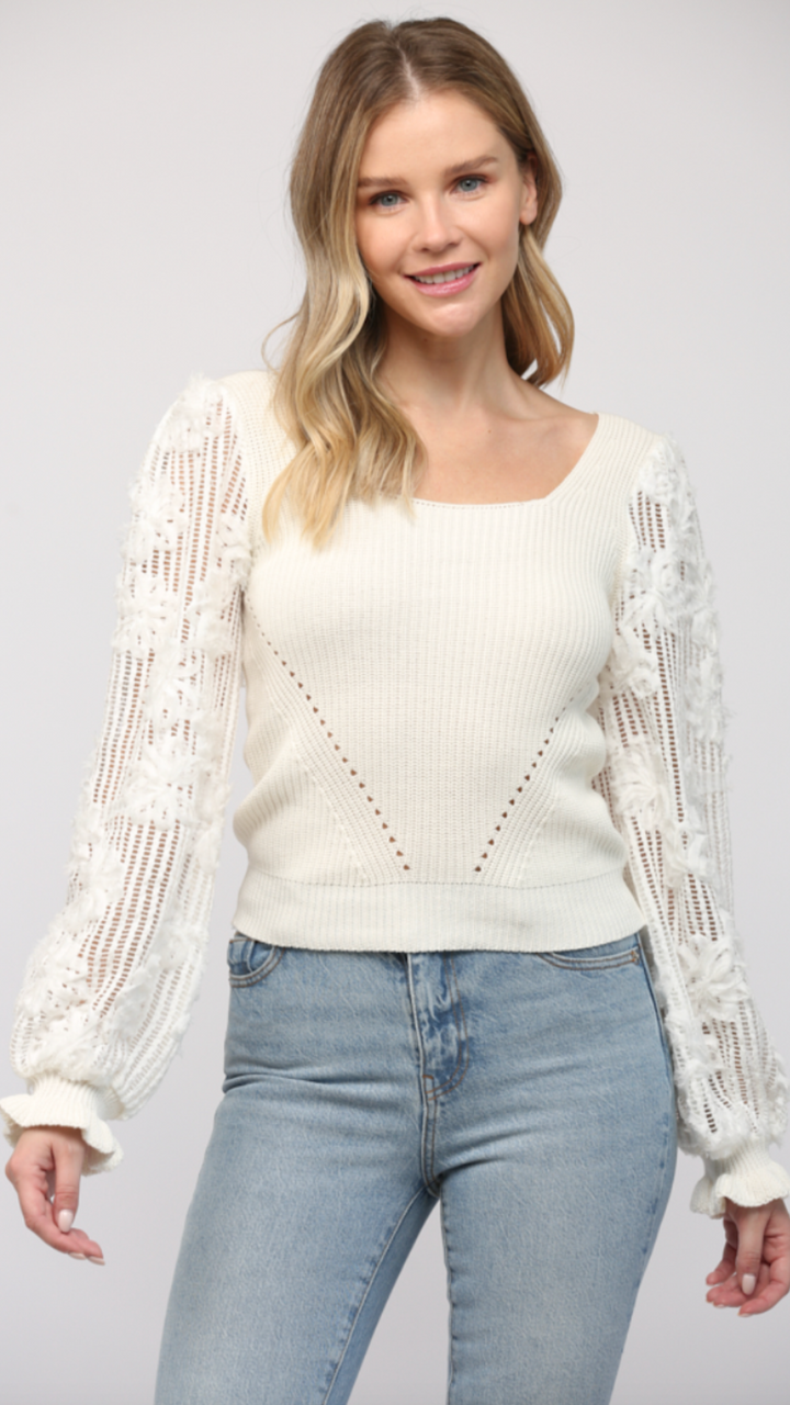 Contrast Lace Sleeve Square Neck Sweater
