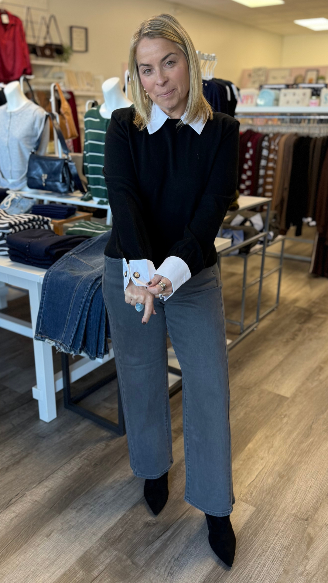 Black Sweater With Poplin Collar And Cuff Detail