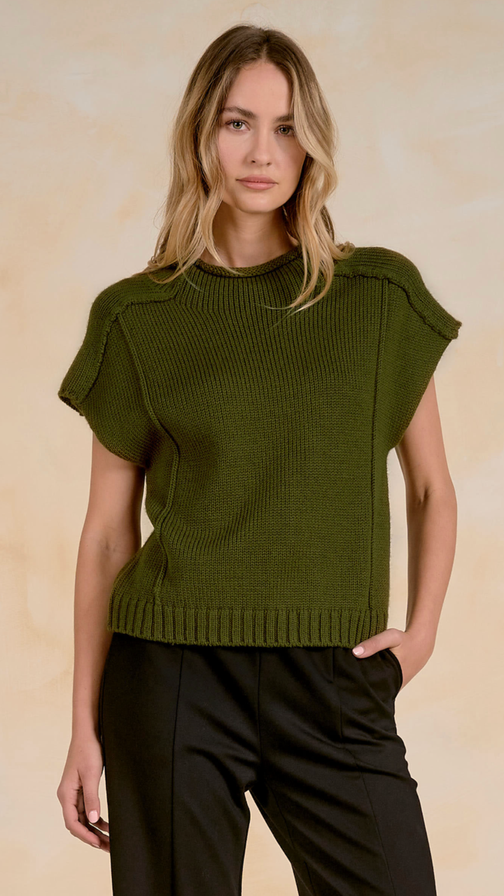 Olive Crew Neck Cap Sleeve Sleeveless Sweater