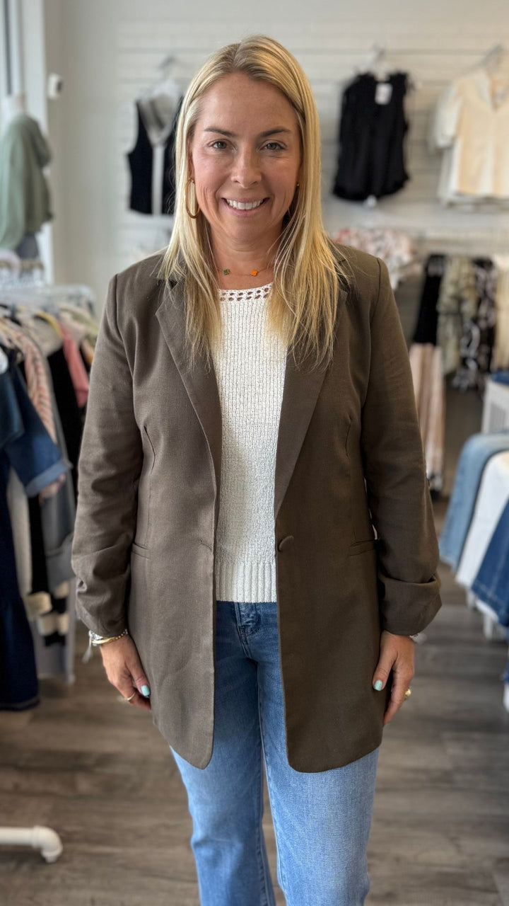 Backyard Ruched Sleeve Linen Blazer