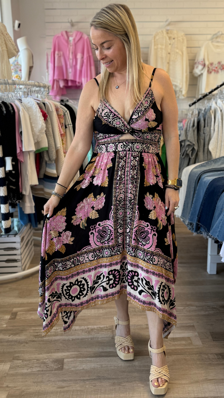 V Neck Hanky Hem Twist Front Cut Out Maxi Dress