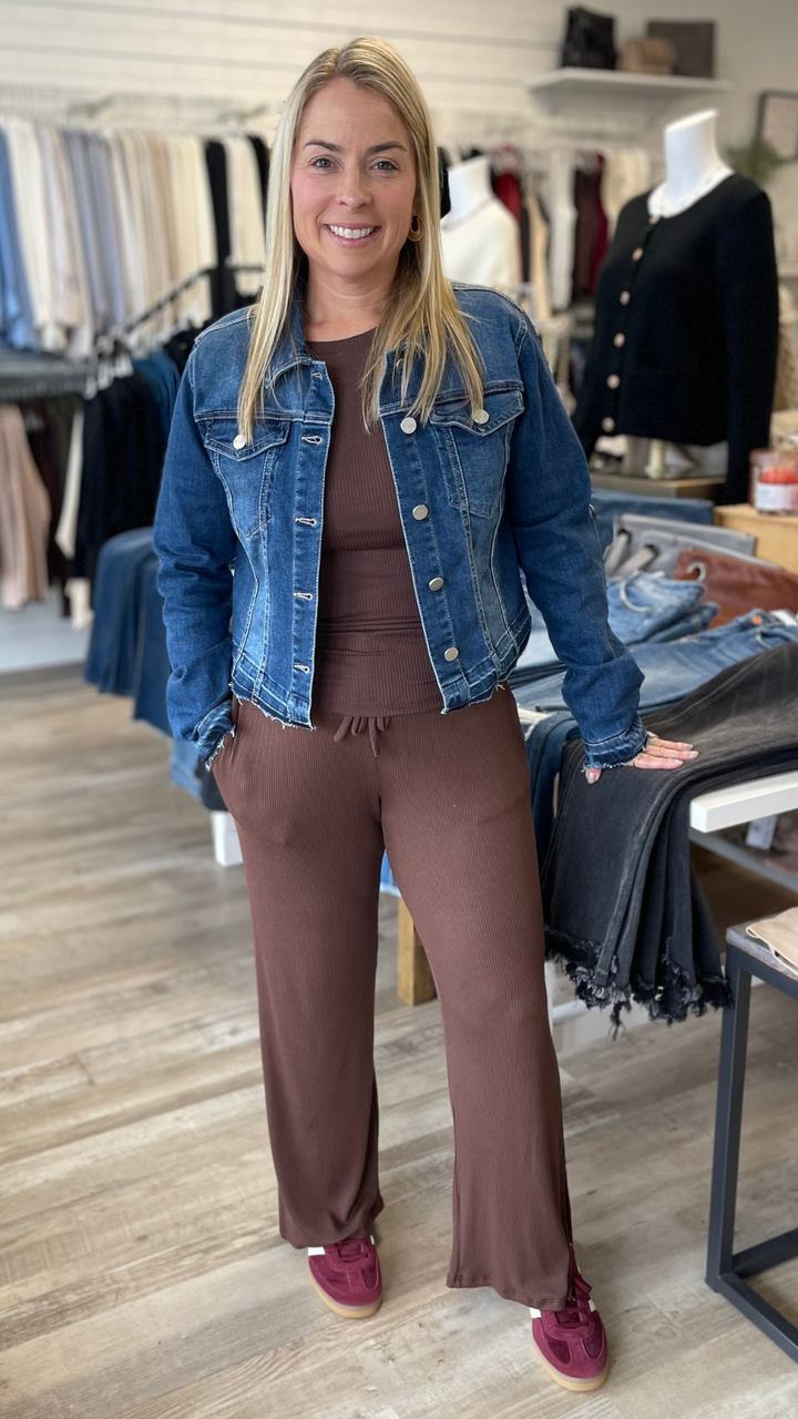 Brown Short Sleeve Ribbed Top