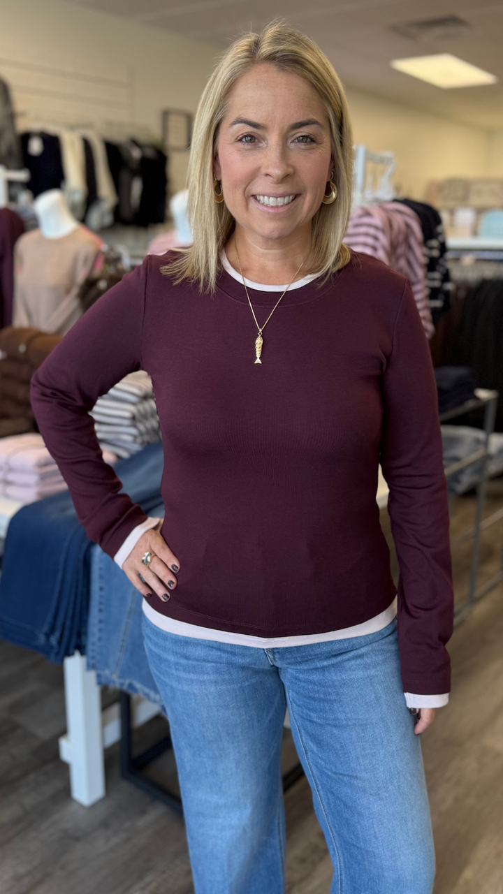 Burgundy And Pink Contrast Trim Long Sleeve Top