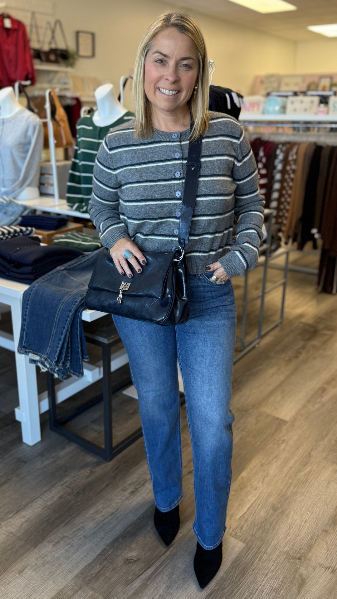 Grey Navy and Cream Stripe Knit Cardigan Sweater