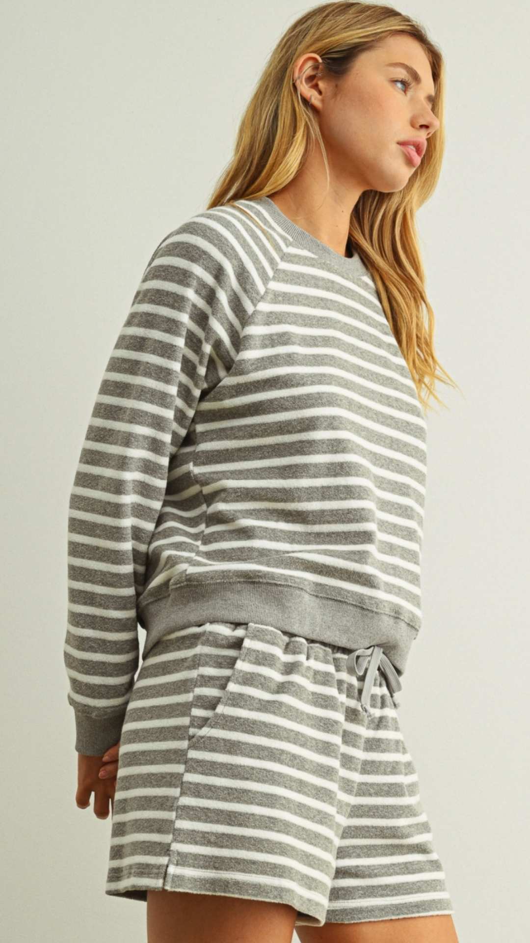 Grey And White Striped Terry Top And Shorts Set