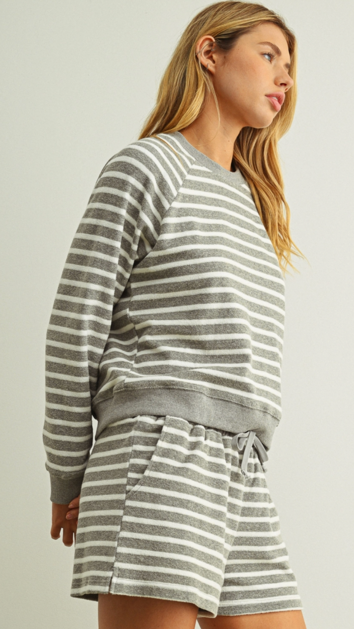 Grey And White Striped Terry Top And Shorts Set