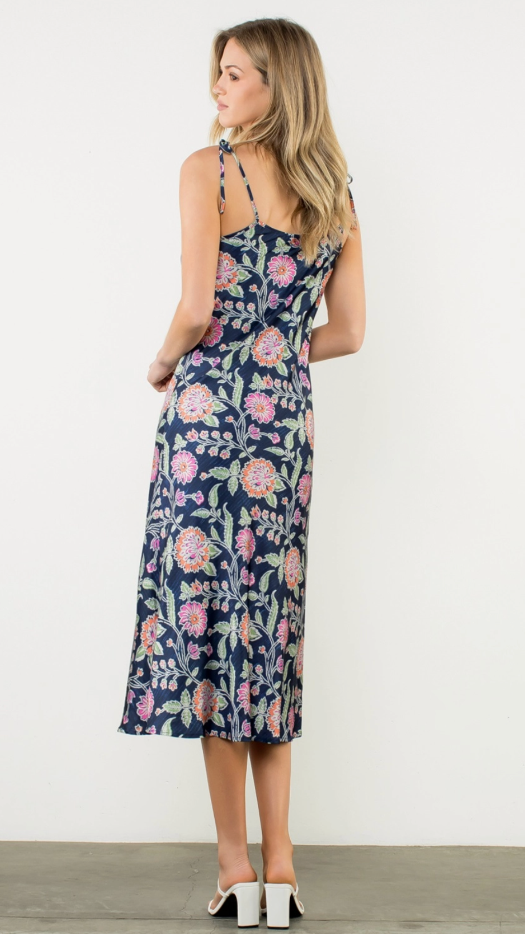 Tie Strap Cowl Neck Floral Midi Dress
