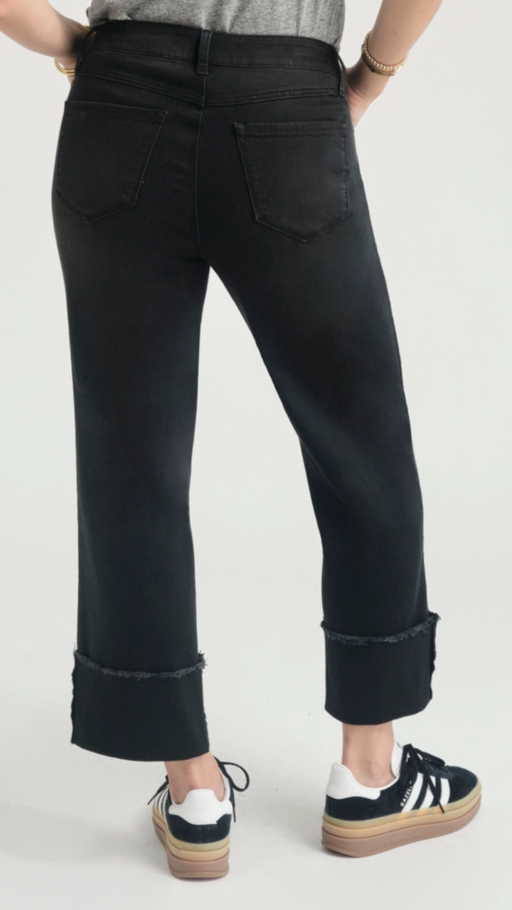 Mid Rise Black Cuffed Straight Leg Jeans