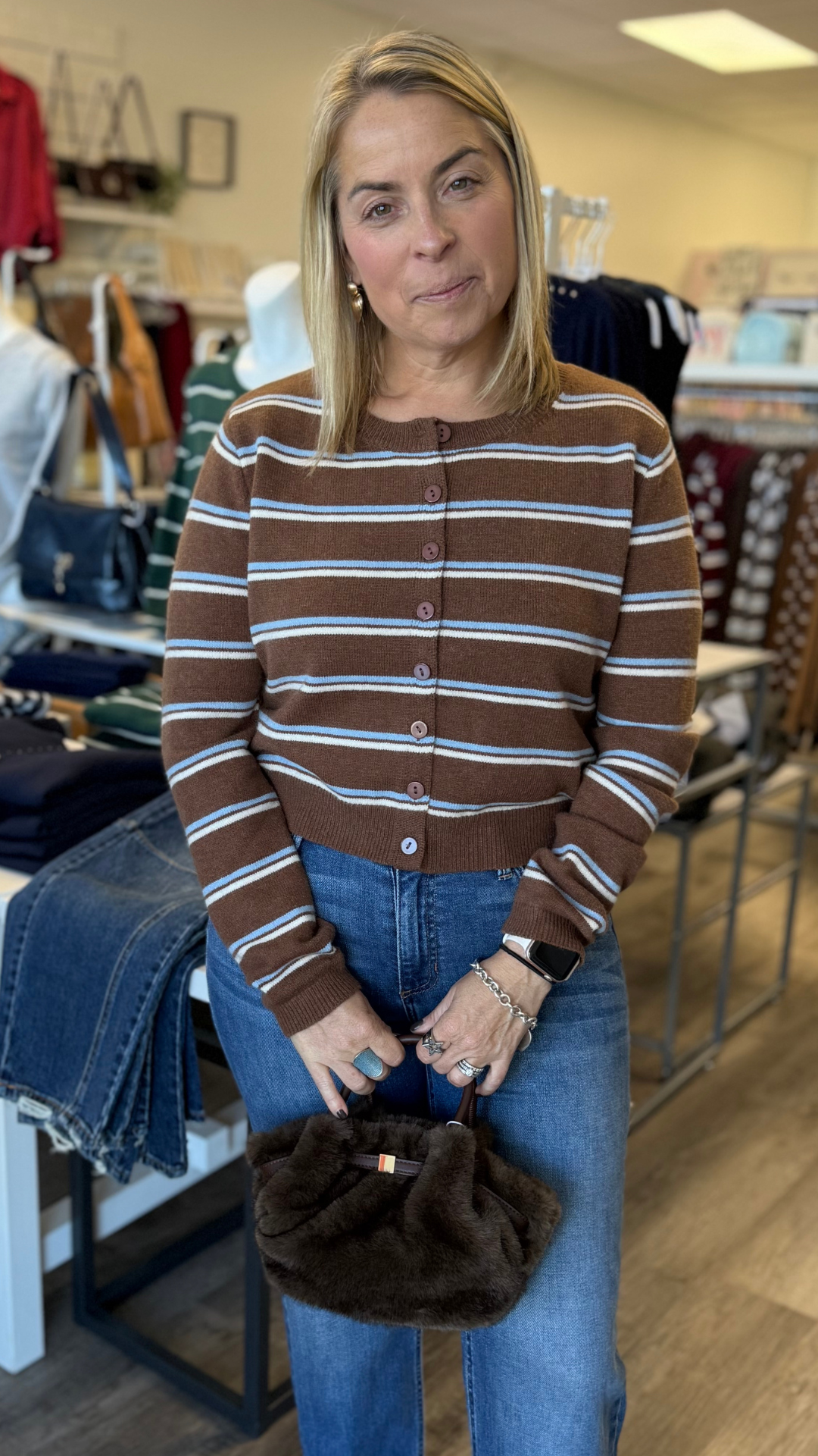 Coffee Light Blue And Cream Stripe Knit Cardigan Sweater